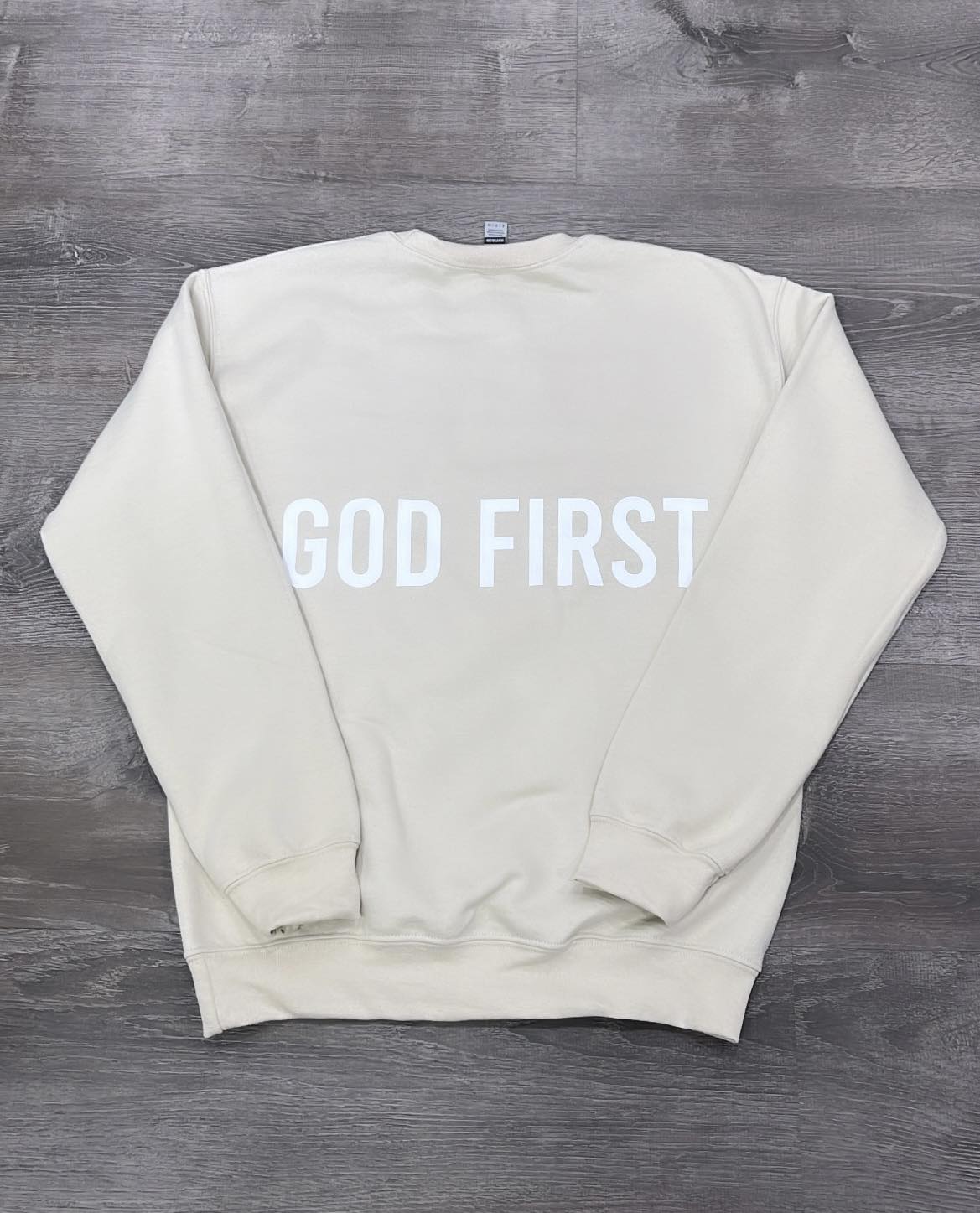 GOD FIRST BEIGE CREWNECK SWEATSHIRT - UNISEX