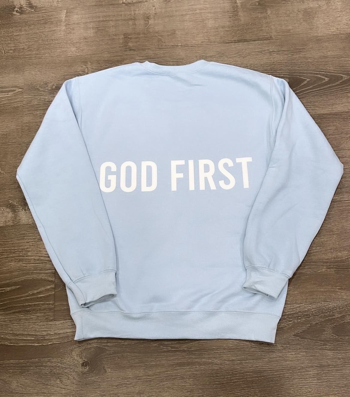GOD FIRST BSBY BLUE CREWNECK SWEATSHIRT UNISEX