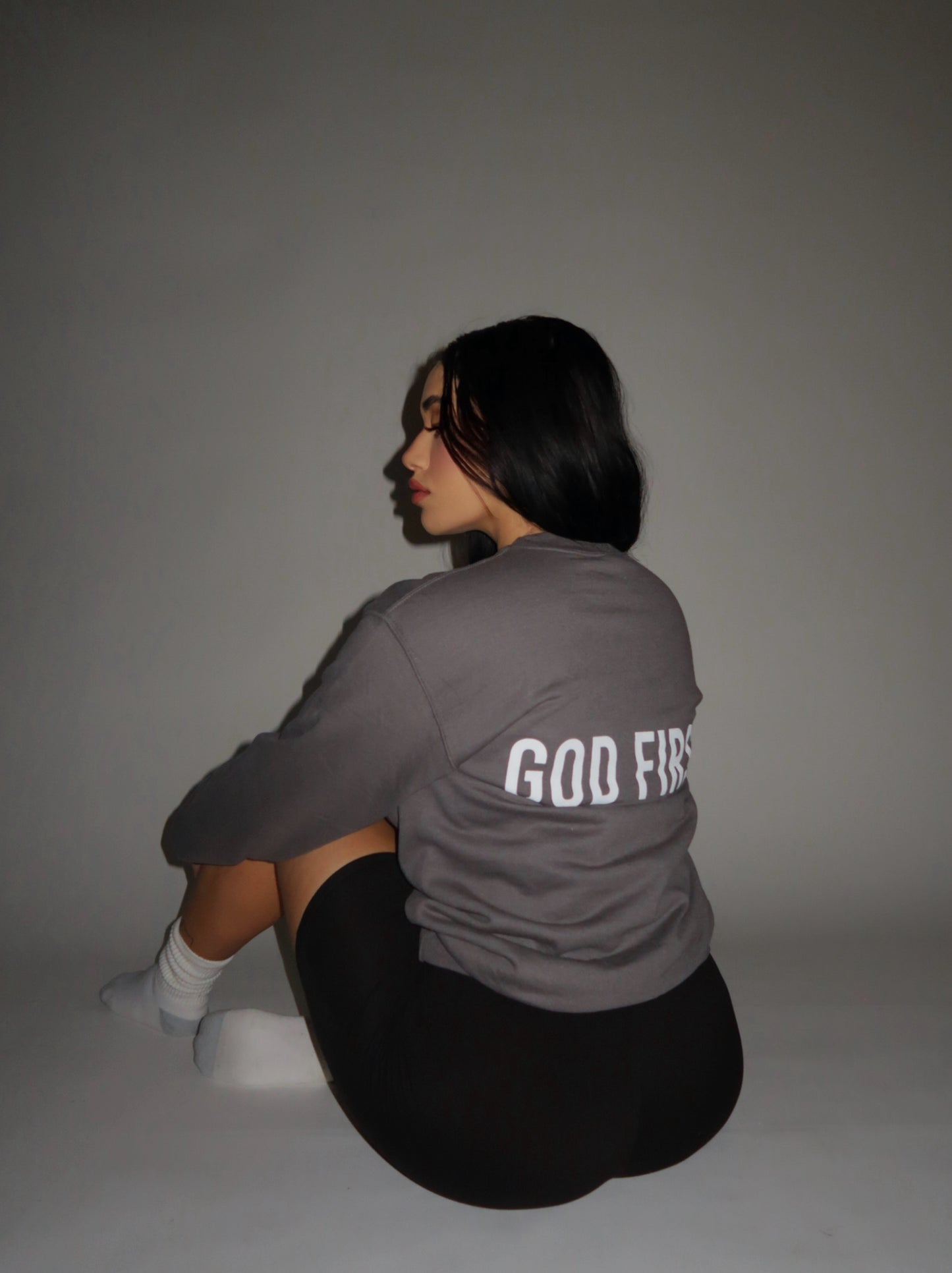 GOD FIRST. CHARCOAL GREY UNISEX CREWNECK SWEATSHIRT
