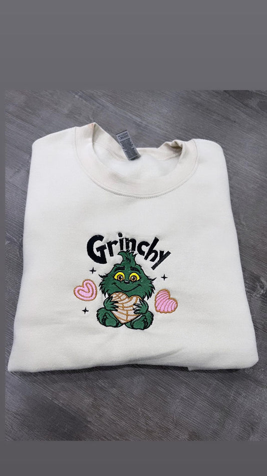 GRINCHY BEIGE CREWNECK SWEATSHIRT - EMBROIDERED