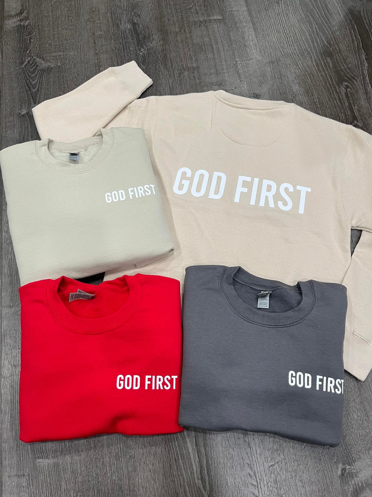 GOD FIRST UNISEX CREWNECK SWEATSHIRTS